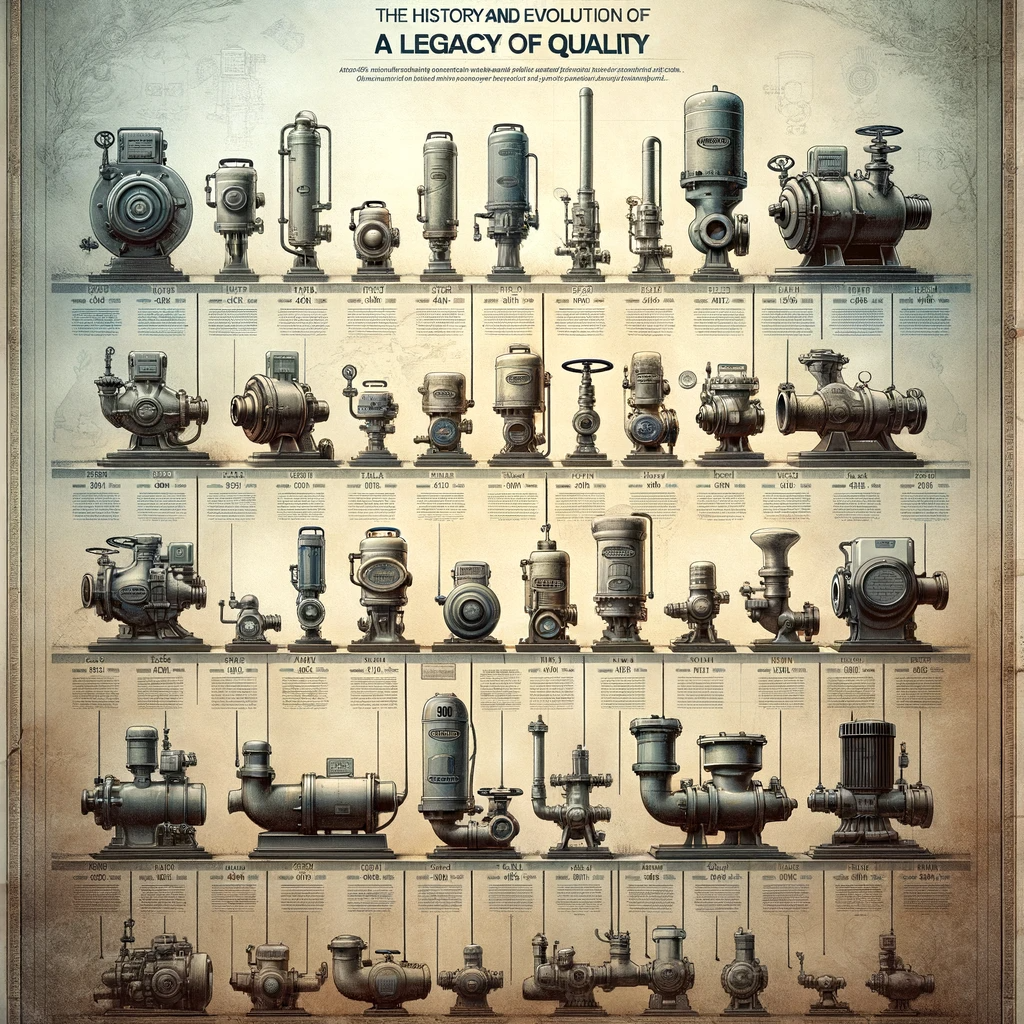 Illustrative timeline showcasing the evolution of Zoeller Pumps, featuring various models from early designs to modern innovations against a background blending historical and contemporary styles.